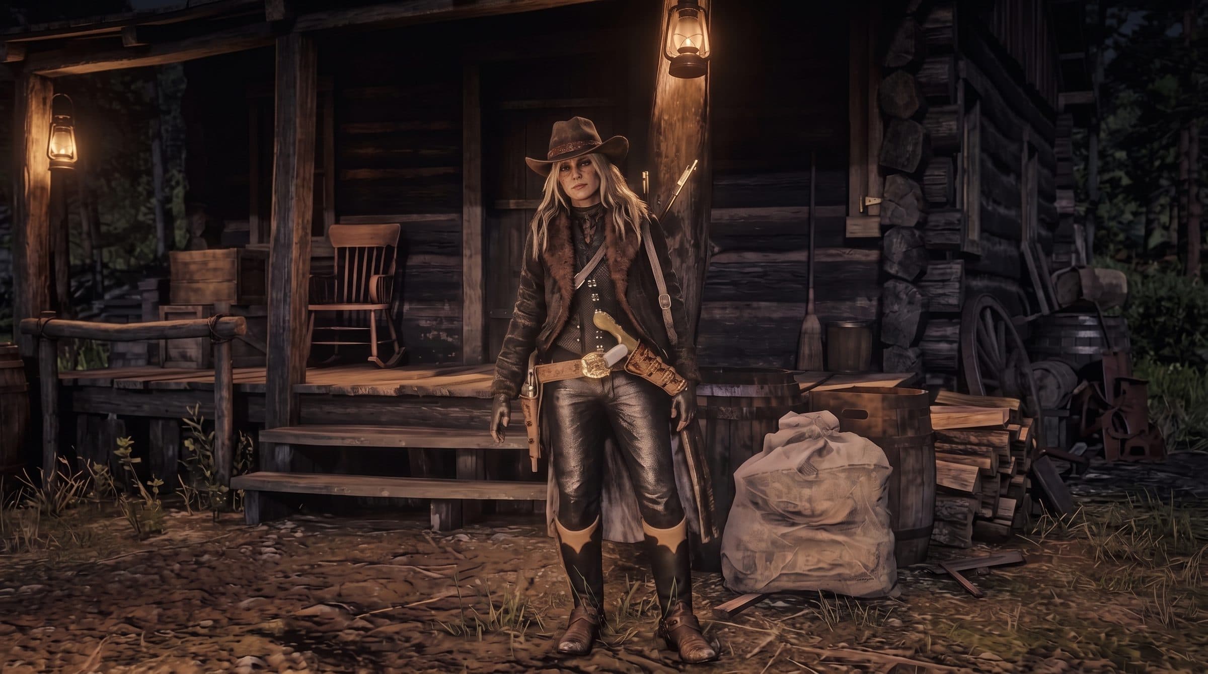 A woman in a duster coat outside a lamp-lit log cabin at night, RDR2 roleplay concept art