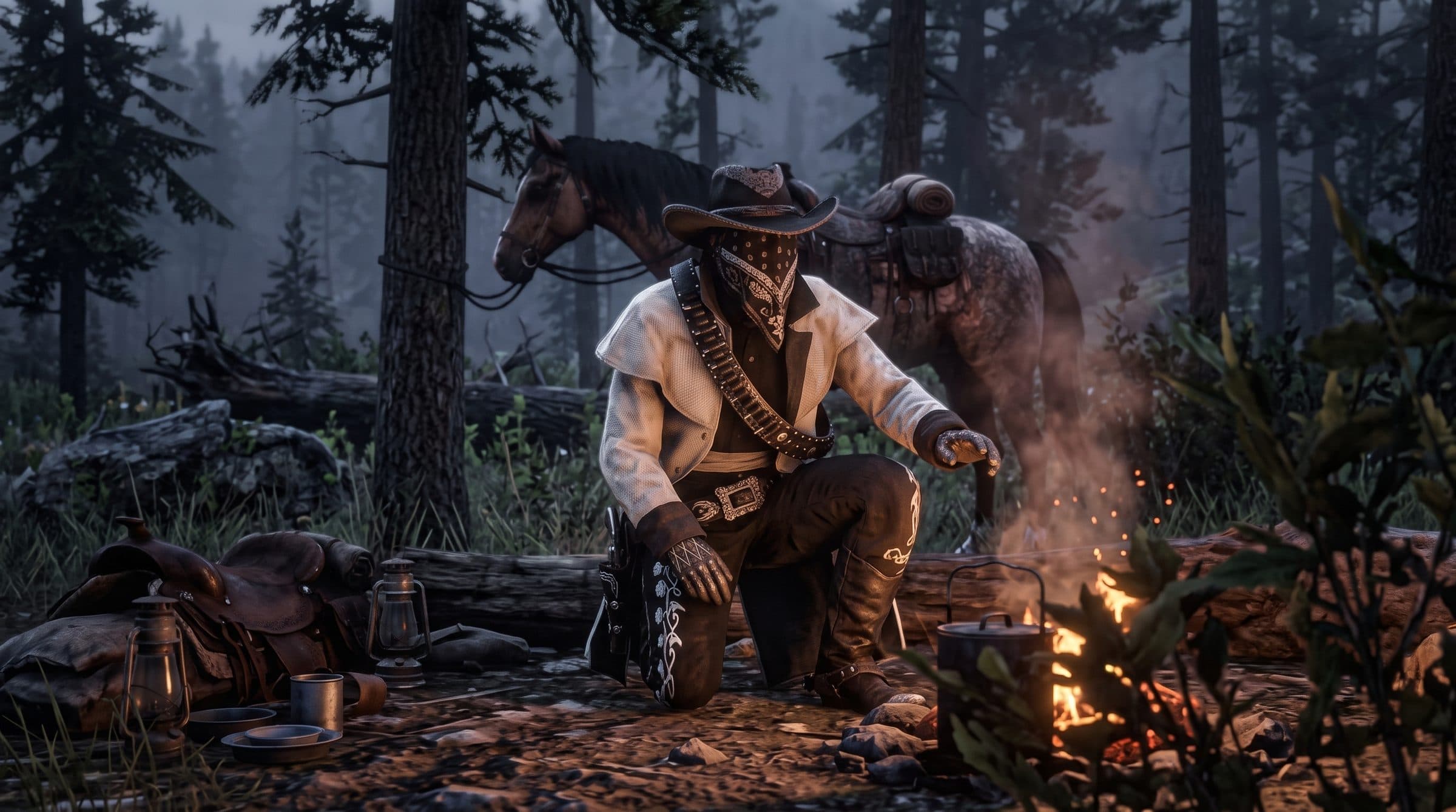 An outlaw in a bandana crouched by a campfire in the woods at night, RDR2 roleplay concept art