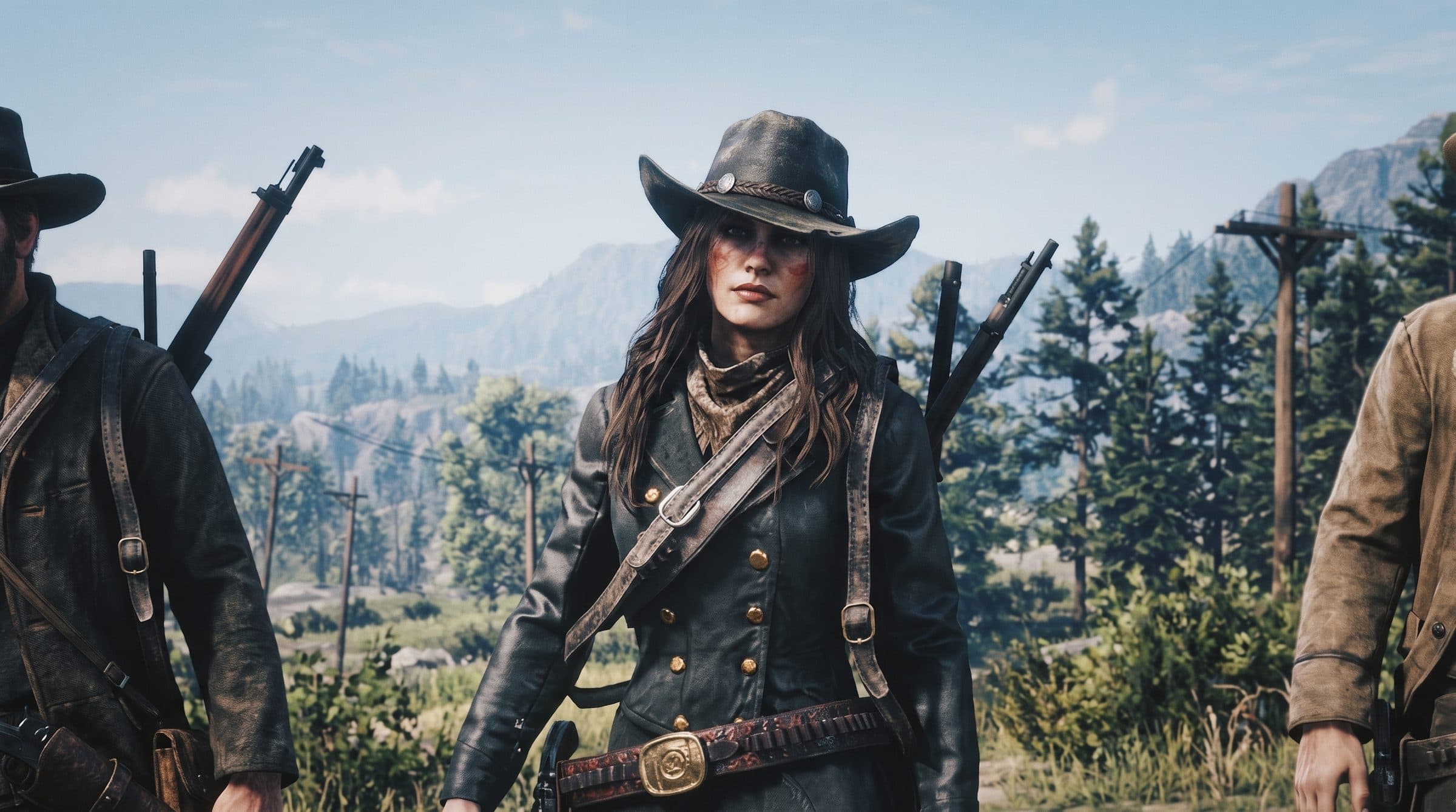A woman in a dark coat with a rifle on her back in a pine valley, RDR2 roleplay concept art