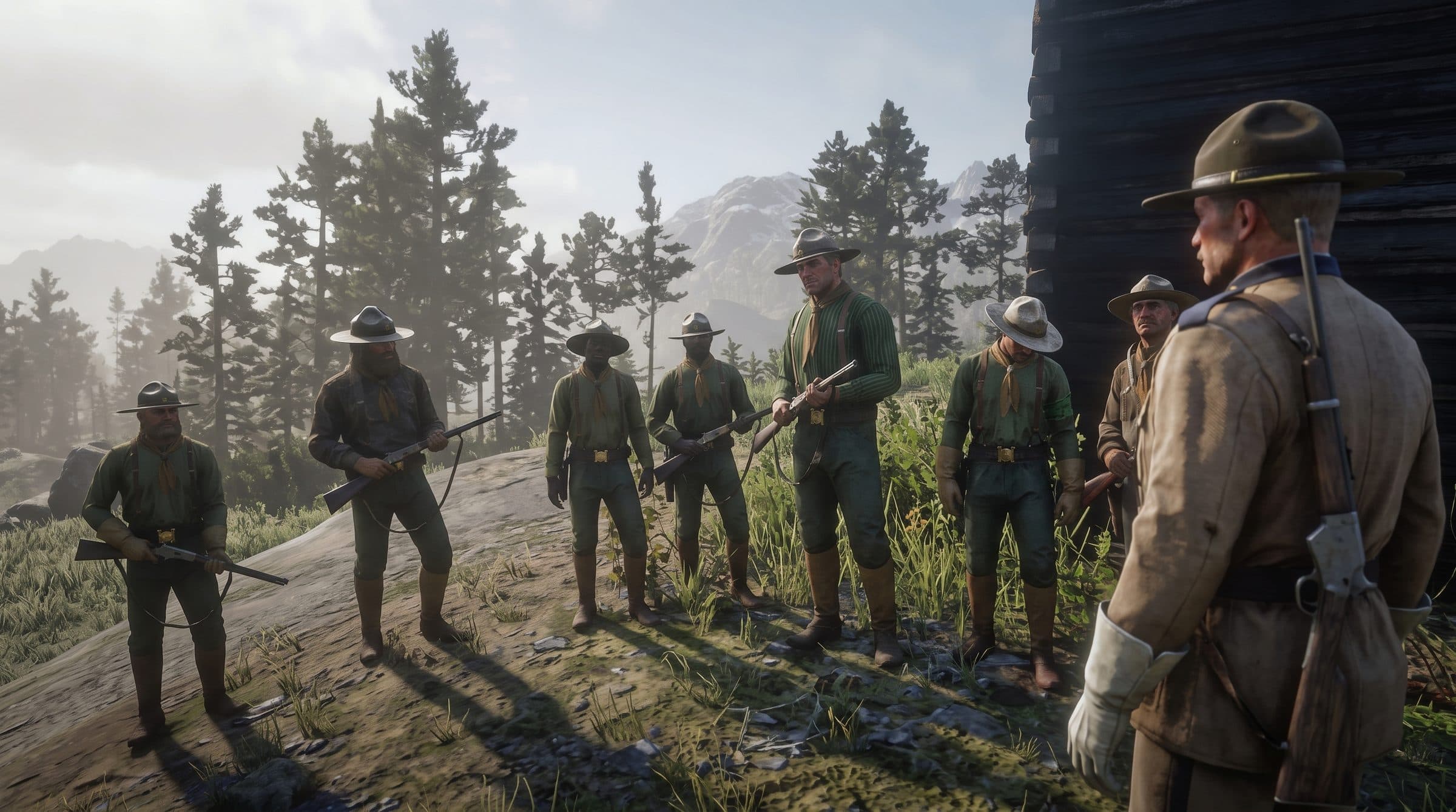A line of armed lawmen in uniform on a hillside, RDR2 roleplay concept art