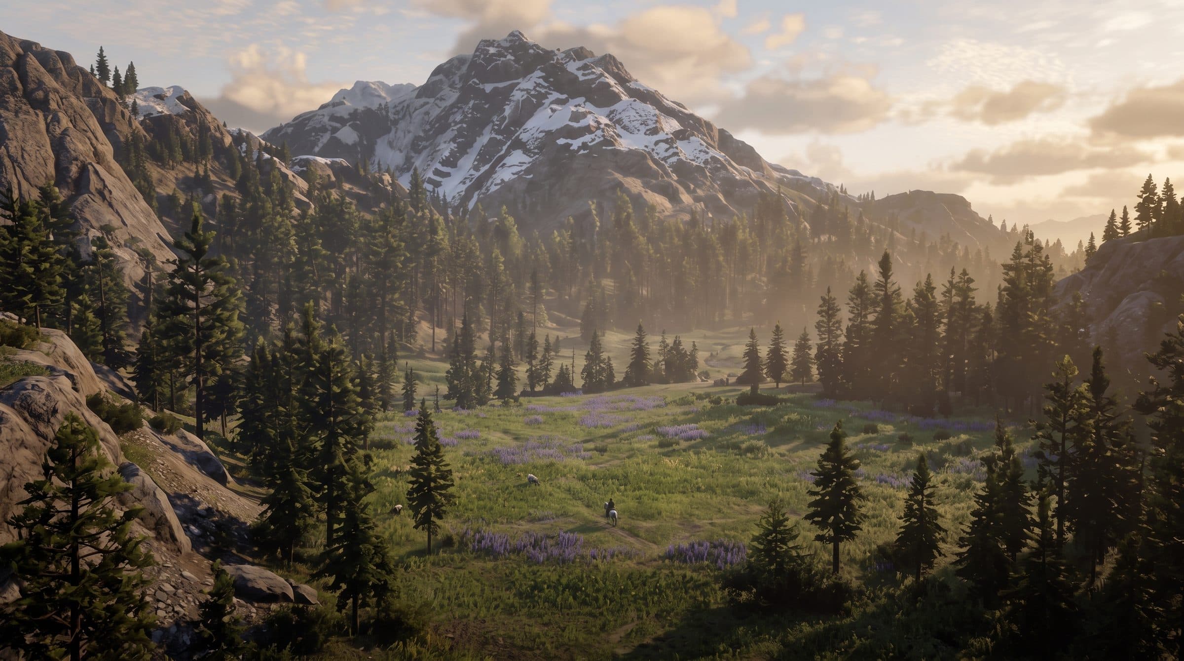 A lone rider crossing a mountain meadow below a snow-capped peak, RDR2 roleplay concept art