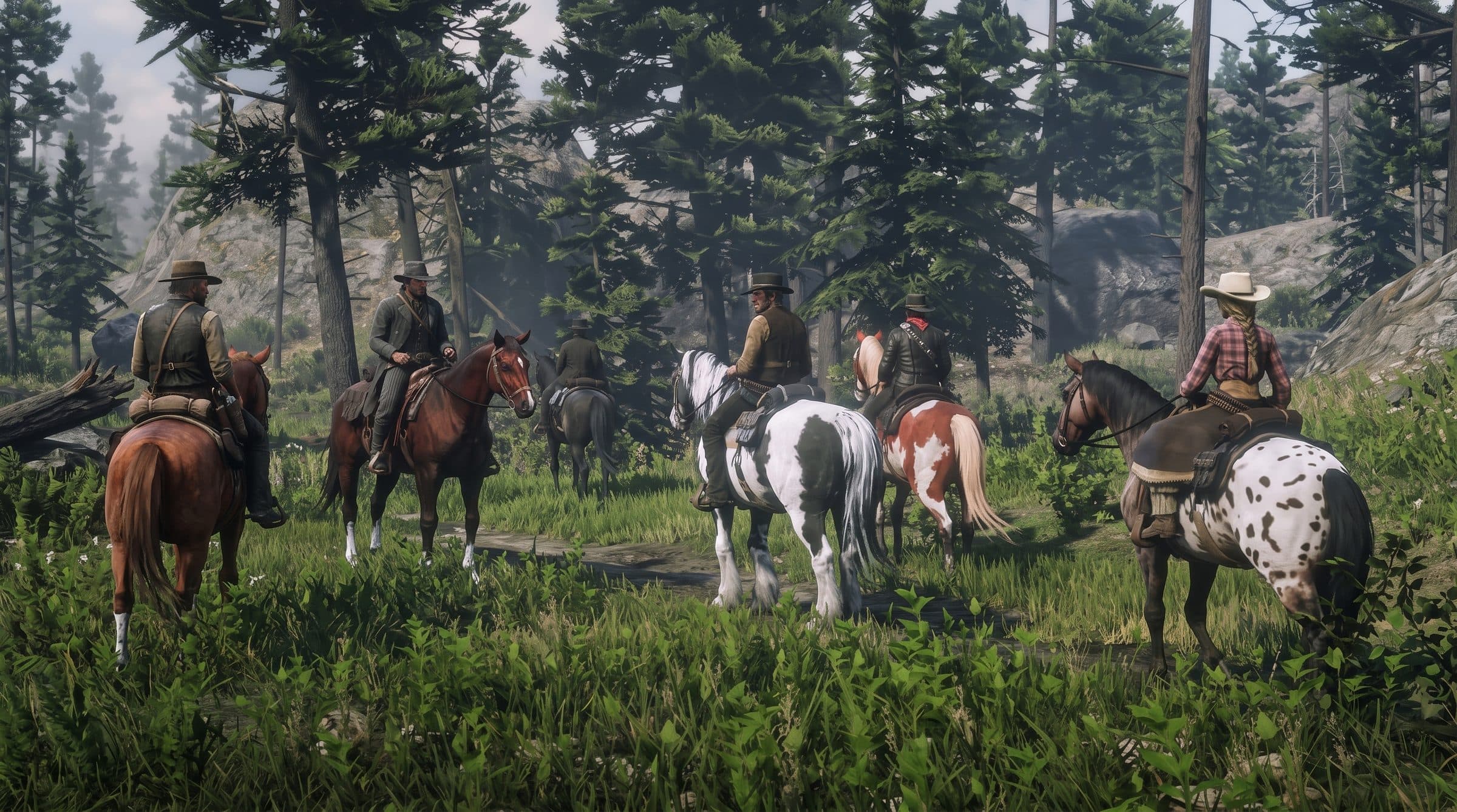 A High Country posse on horseback meeting in a pine forest, RDR2 roleplay concept art