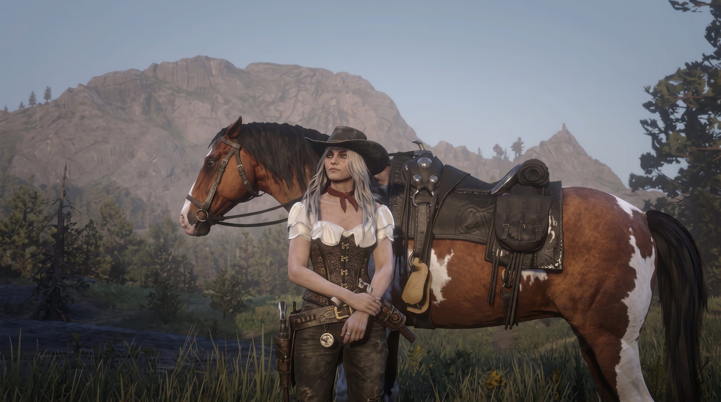 A woman standing beside her paint horse below a rocky ridge, RDR2 roleplay concept art