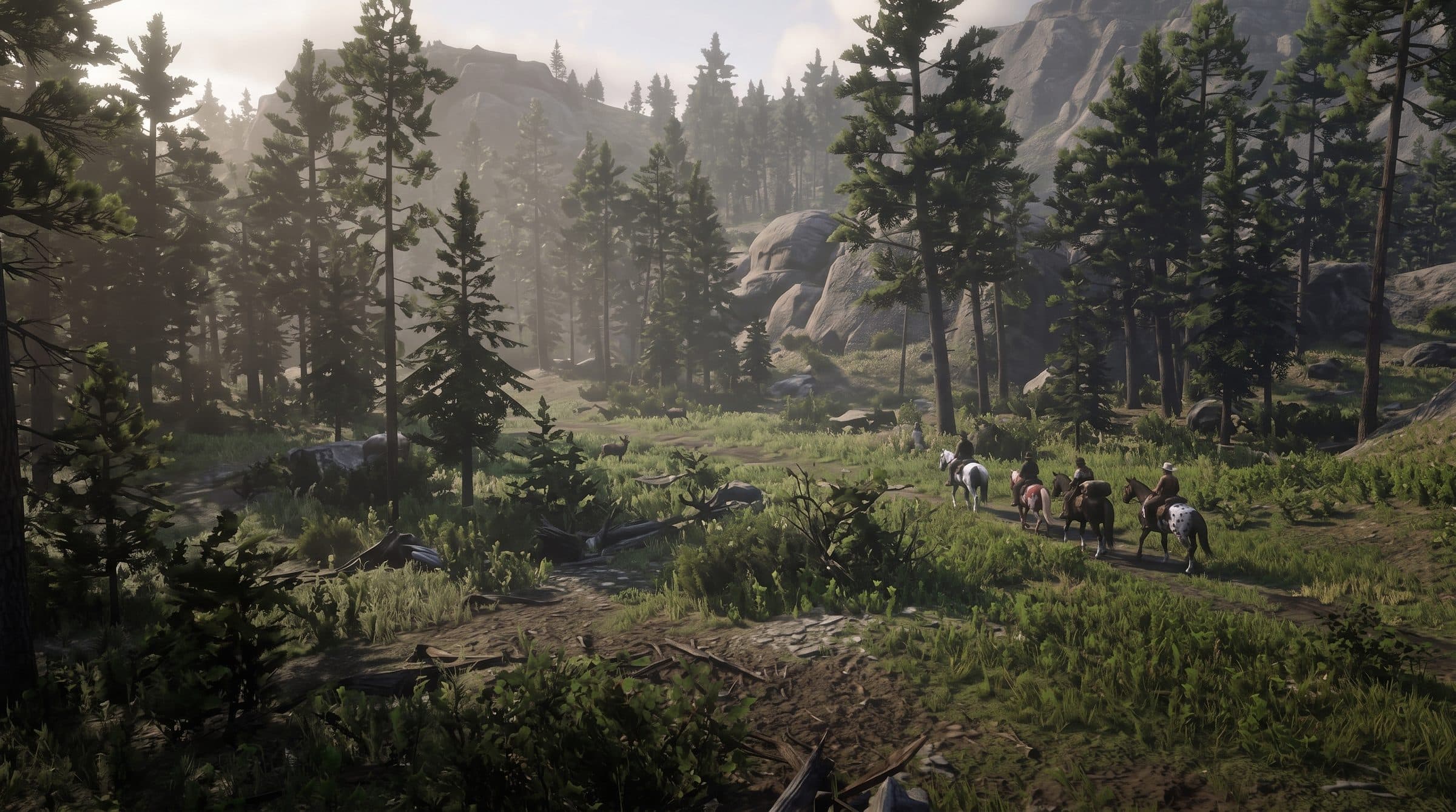 Riders on a forest trail through a wide mountain clearing, RDR2 roleplay concept art