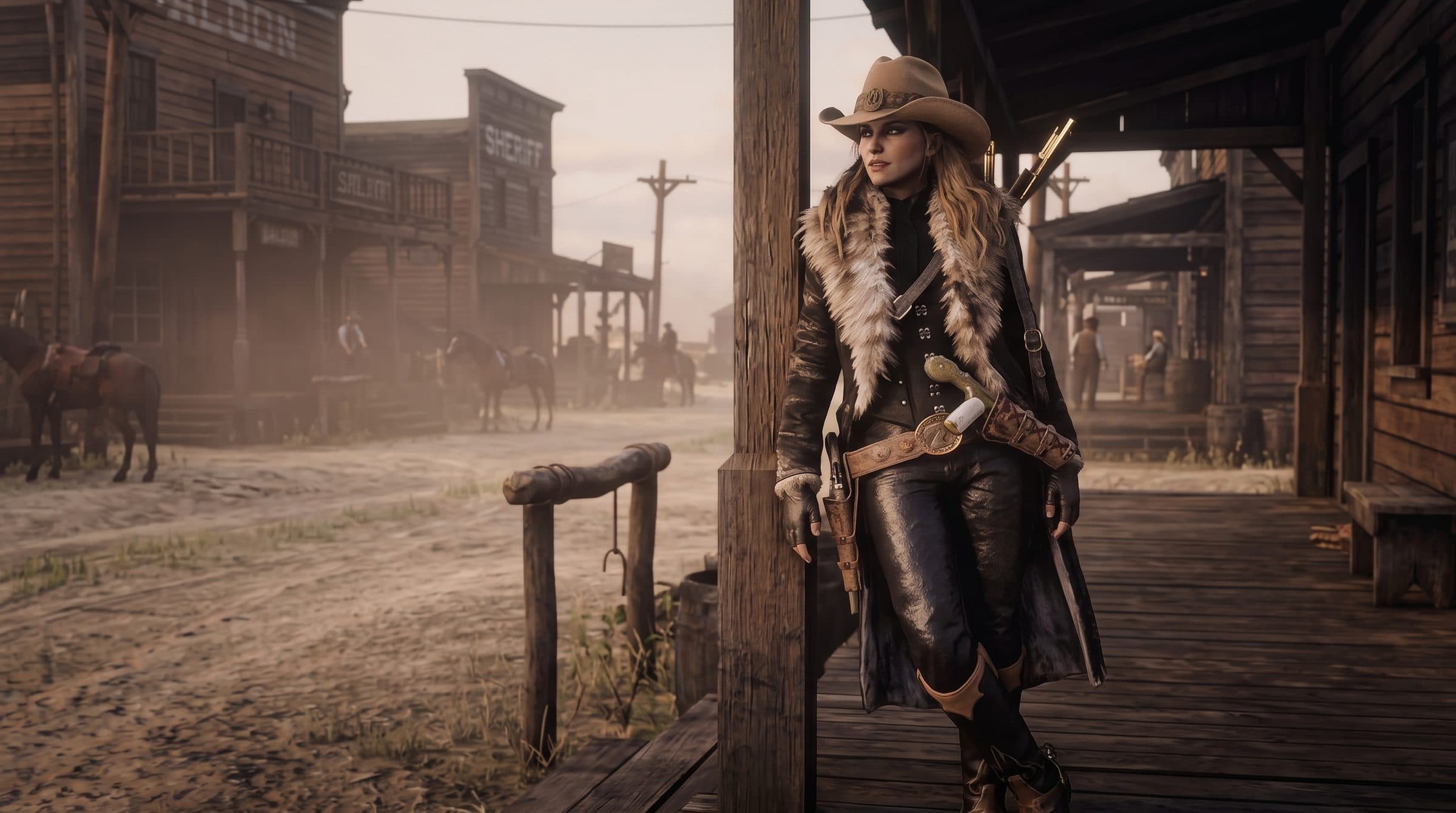 A woman in a fur-collared coat leaning on a porch post on a dusty town street, RDR2 roleplay concept art