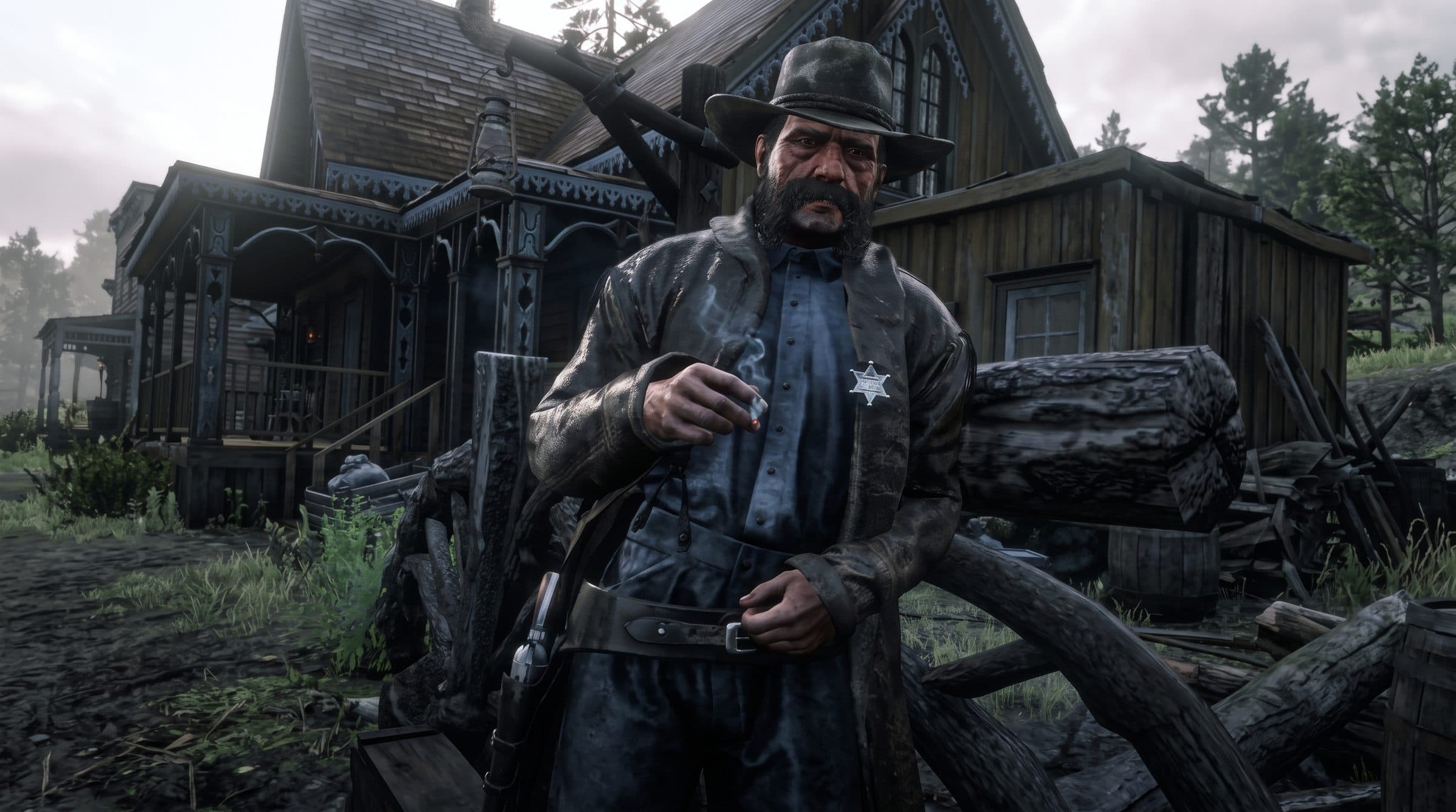 A bearded sheriff with a star on his coat outside a timber house, RDR2 roleplay concept art