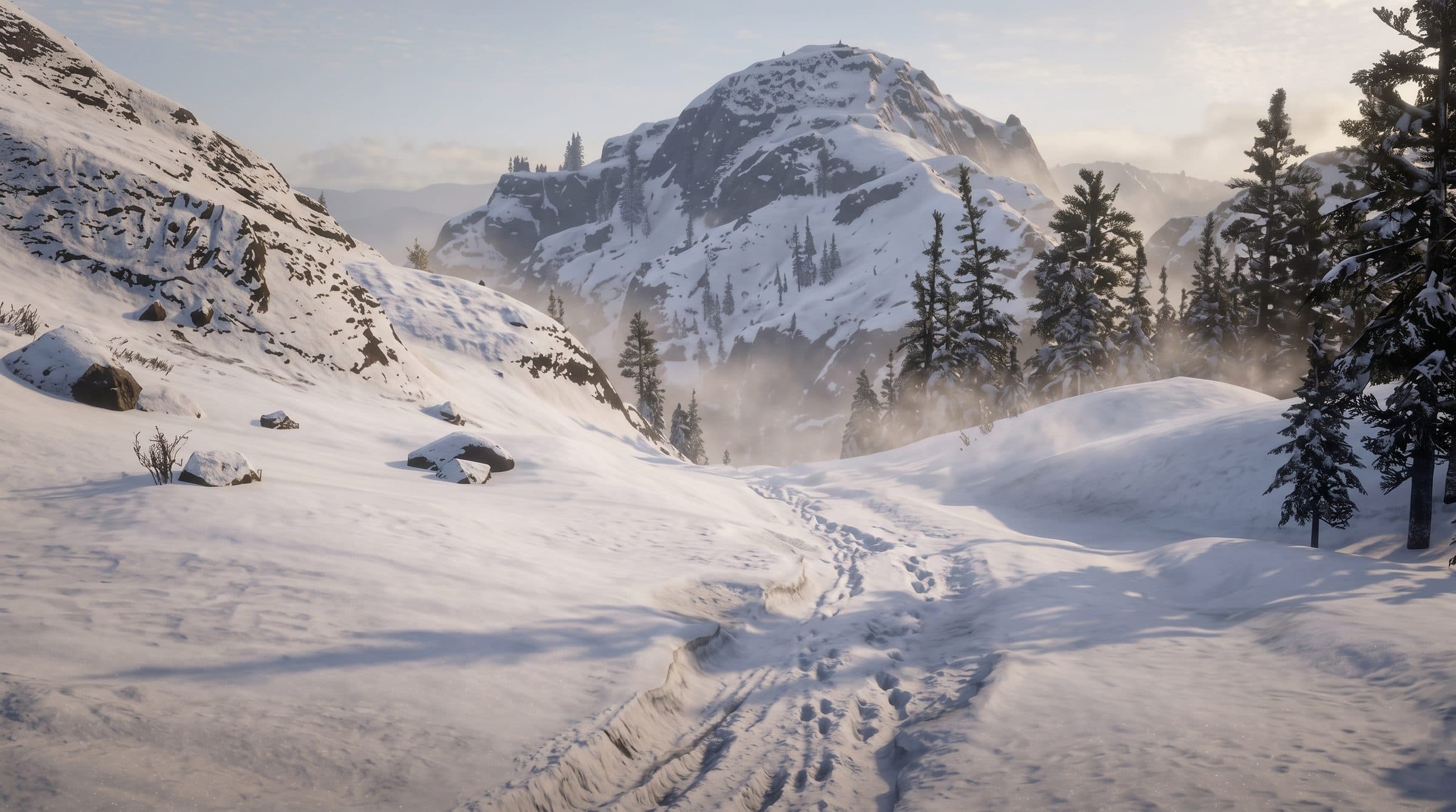 A snow-covered mountain pass with tracks leading between the pines, RDR2 roleplay concept art