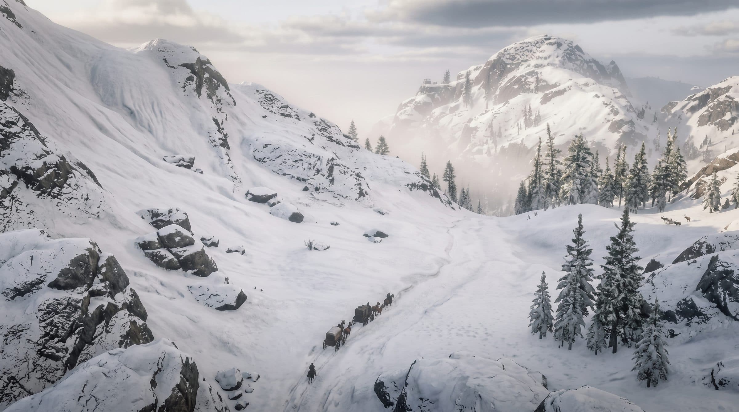 A snowy valley under bright mountain peaks, RDR2 roleplay concept art