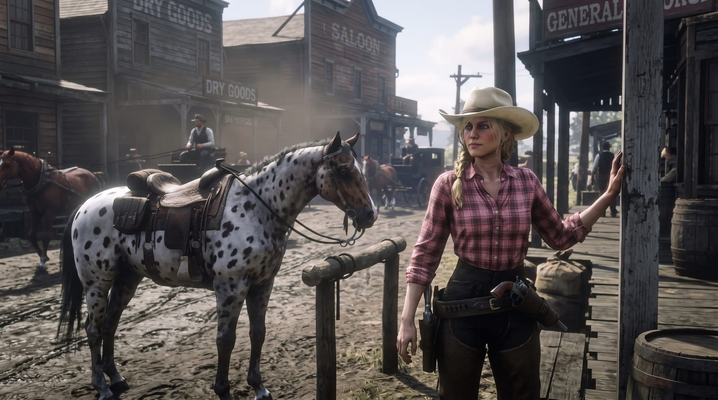 A woman in a red check shirt by her spotted horse at a town hitching post, RDR2 roleplay concept art
