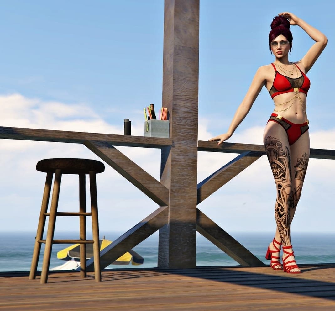 A woman in a red swimsuit leaning on the rail of a beach bar deck by the sea, GTA V roleplay concept art