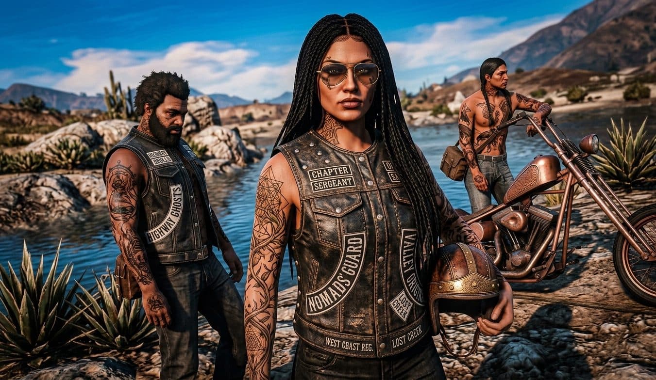 Bikers in patched leather vests by a lake, one holding a helmet, GTA V roleplay concept art