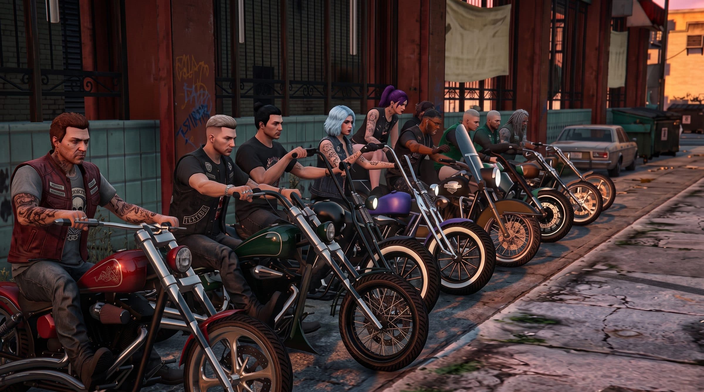 Riders lined up on motorcycles along a city street at dusk, GTA V roleplay concept art