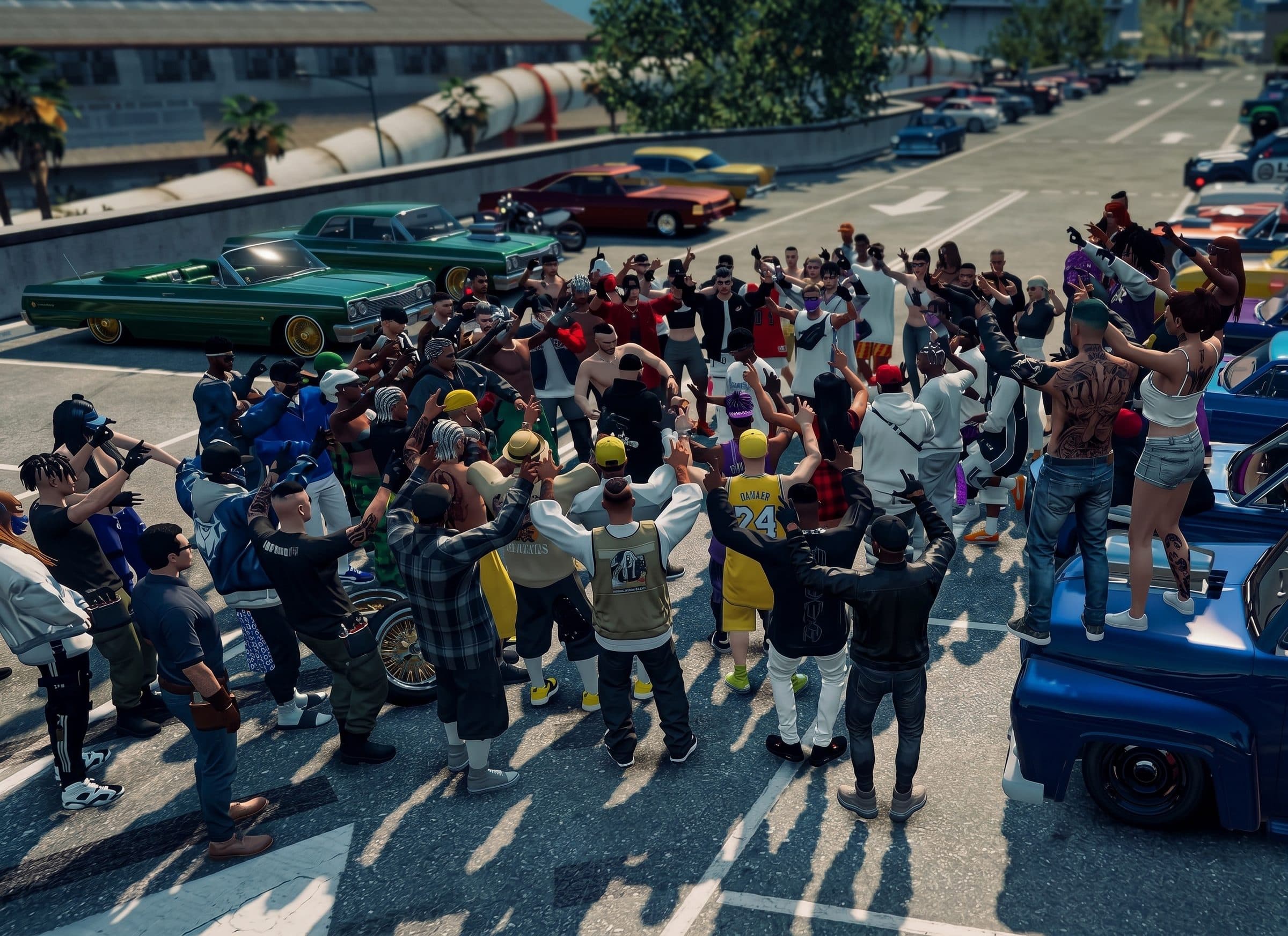 A crowd gathered around lowriders at a packed car meet, GTA V roleplay concept art