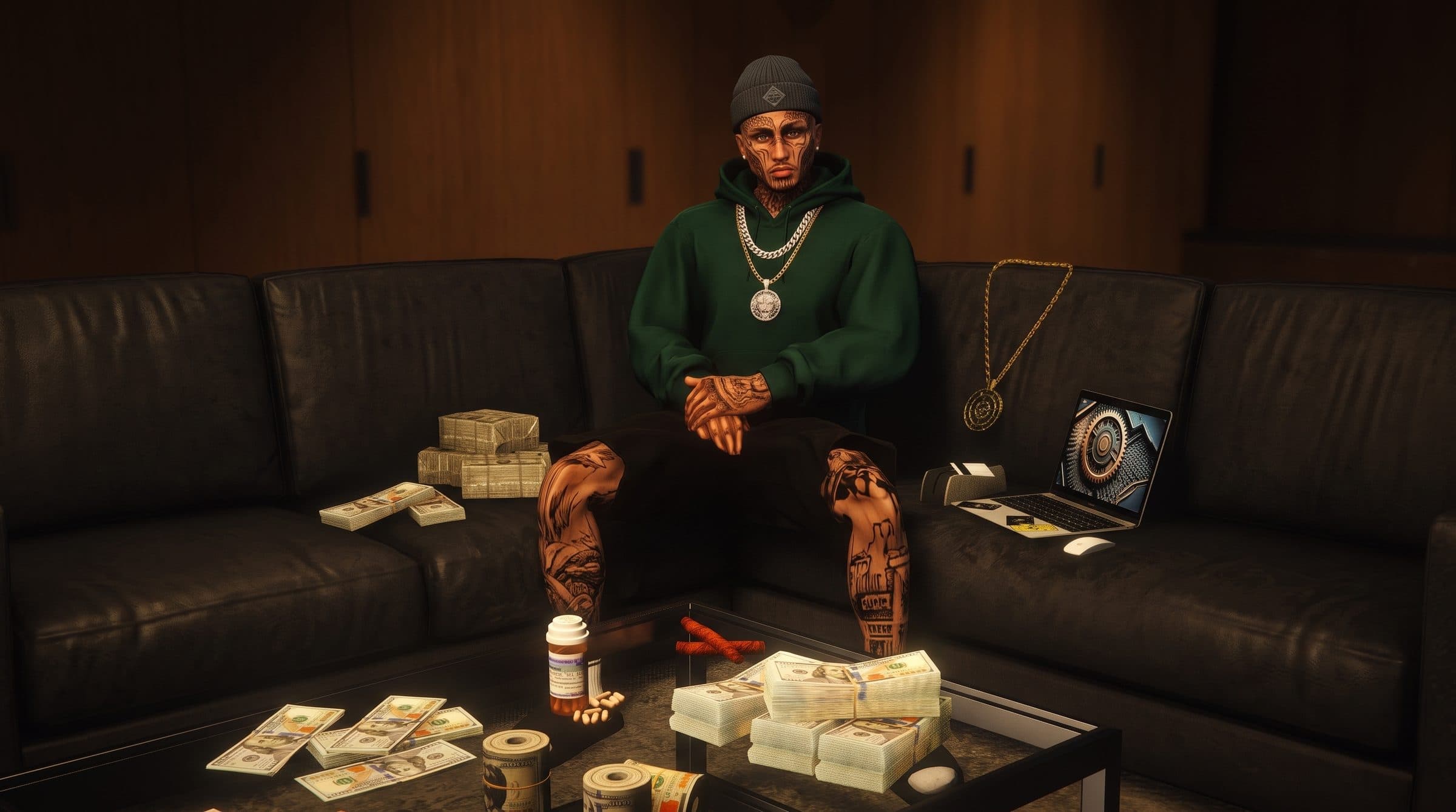 A crew member in a green hoodie counting stacks of cash on a leather couch, GTA V roleplay concept art