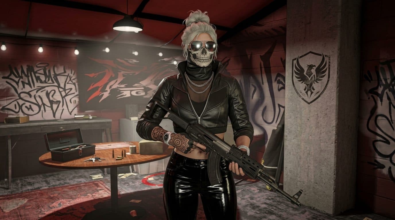 A crew member in a skull mask holding a rifle in a graffiti-covered clubhouse, GTA V roleplay concept art