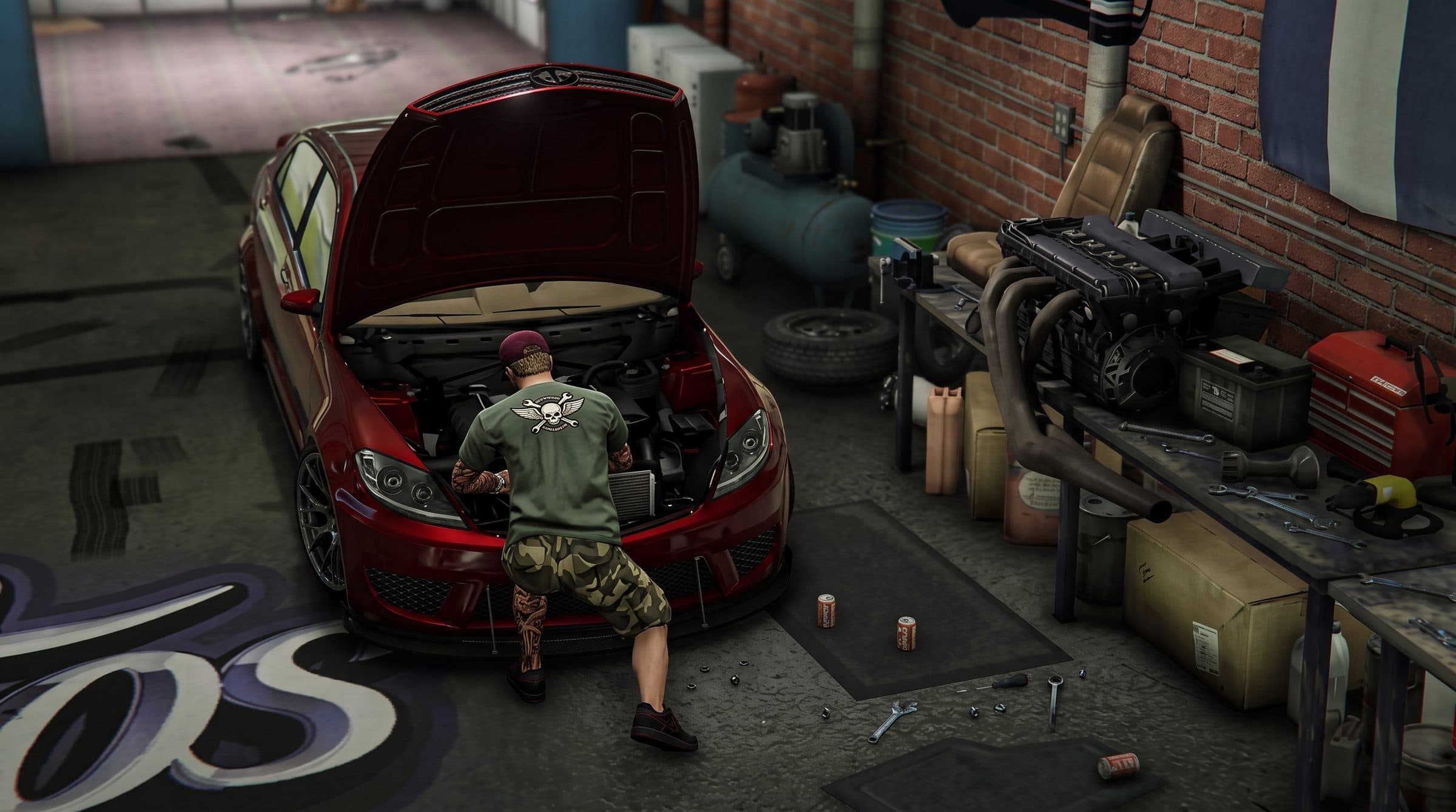 A mechanic working under the bonnet of a red car in a cluttered garage, GTA V roleplay concept art