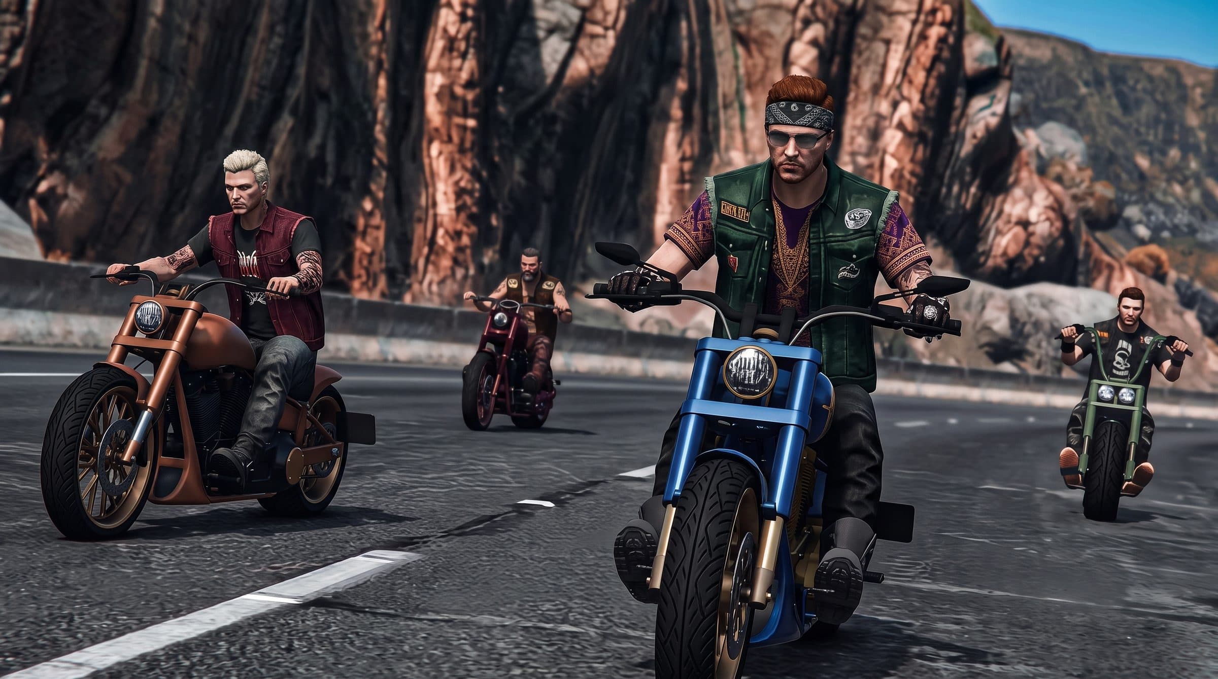 A pack of bikers riding along a coastal highway under red cliffs, GTA V roleplay concept art