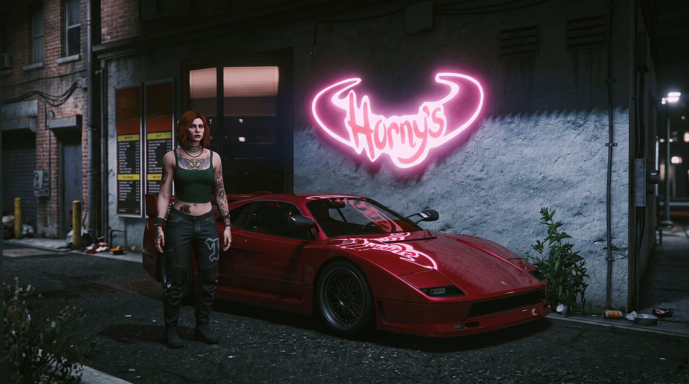 A woman beside a red sports car under a neon sign on a night street, GTA V roleplay concept art