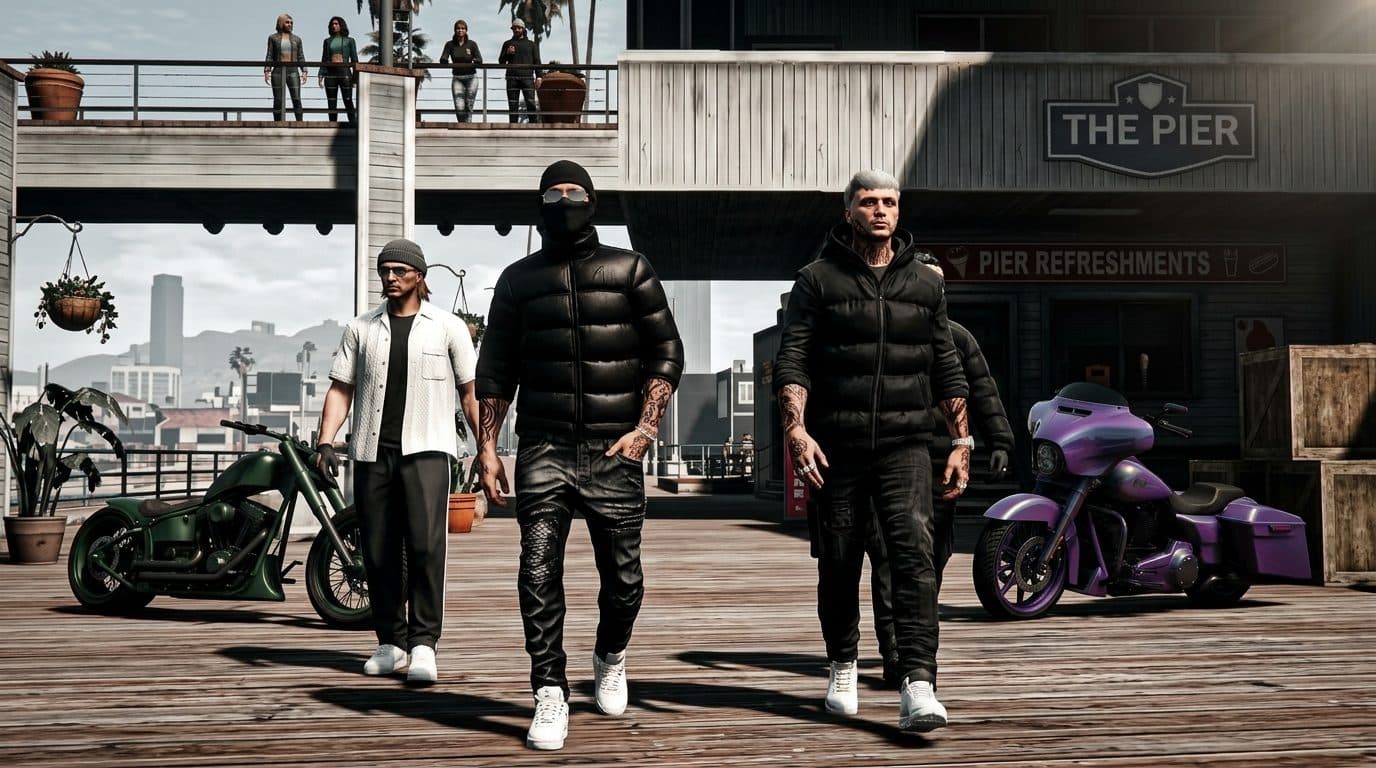 Three men in black walking along a pier between parked motorcycles, GTA V roleplay concept art
