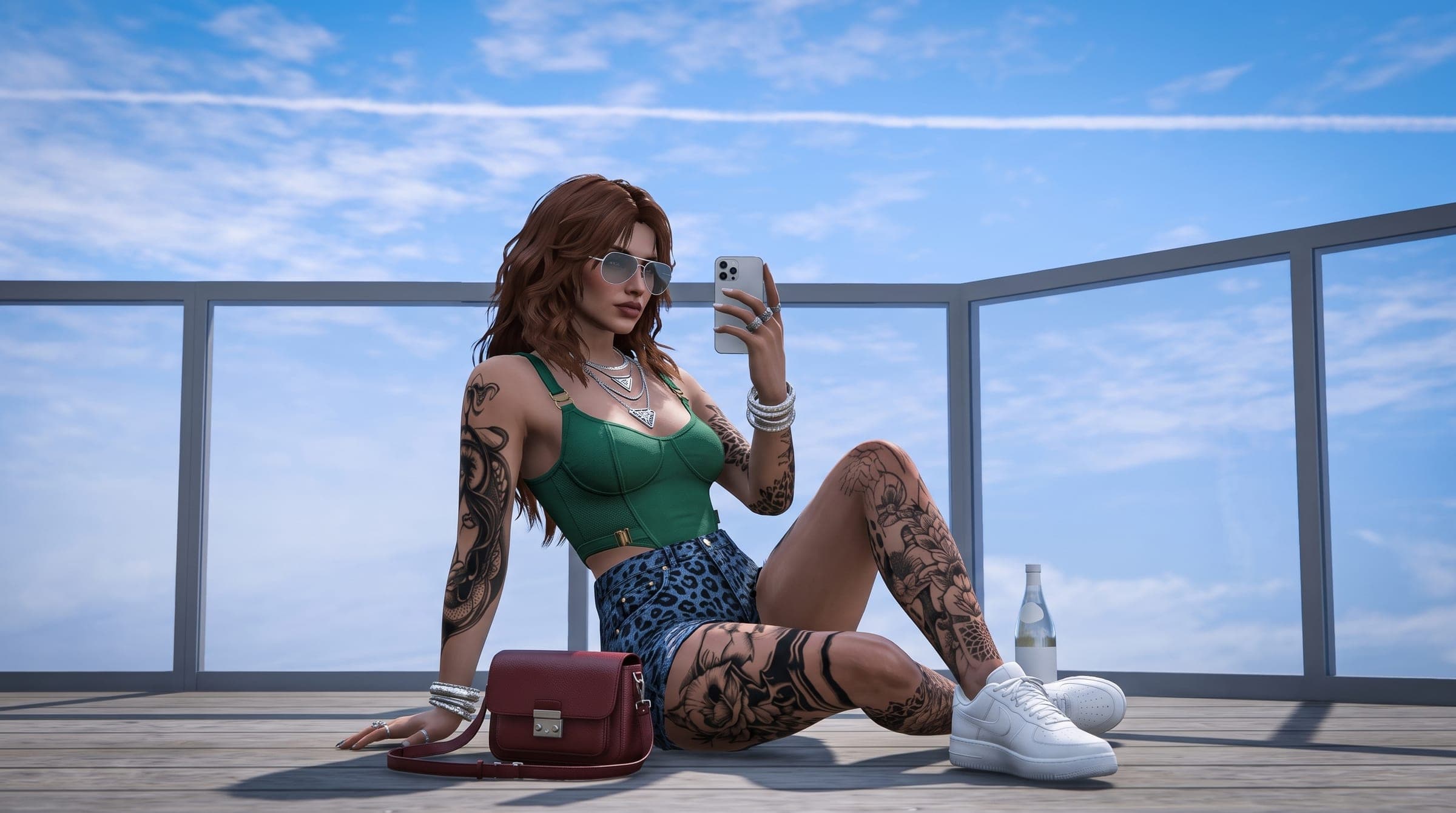 A woman taking a phone selfie on a rooftop deck under a blue sky, GTA V roleplay concept art