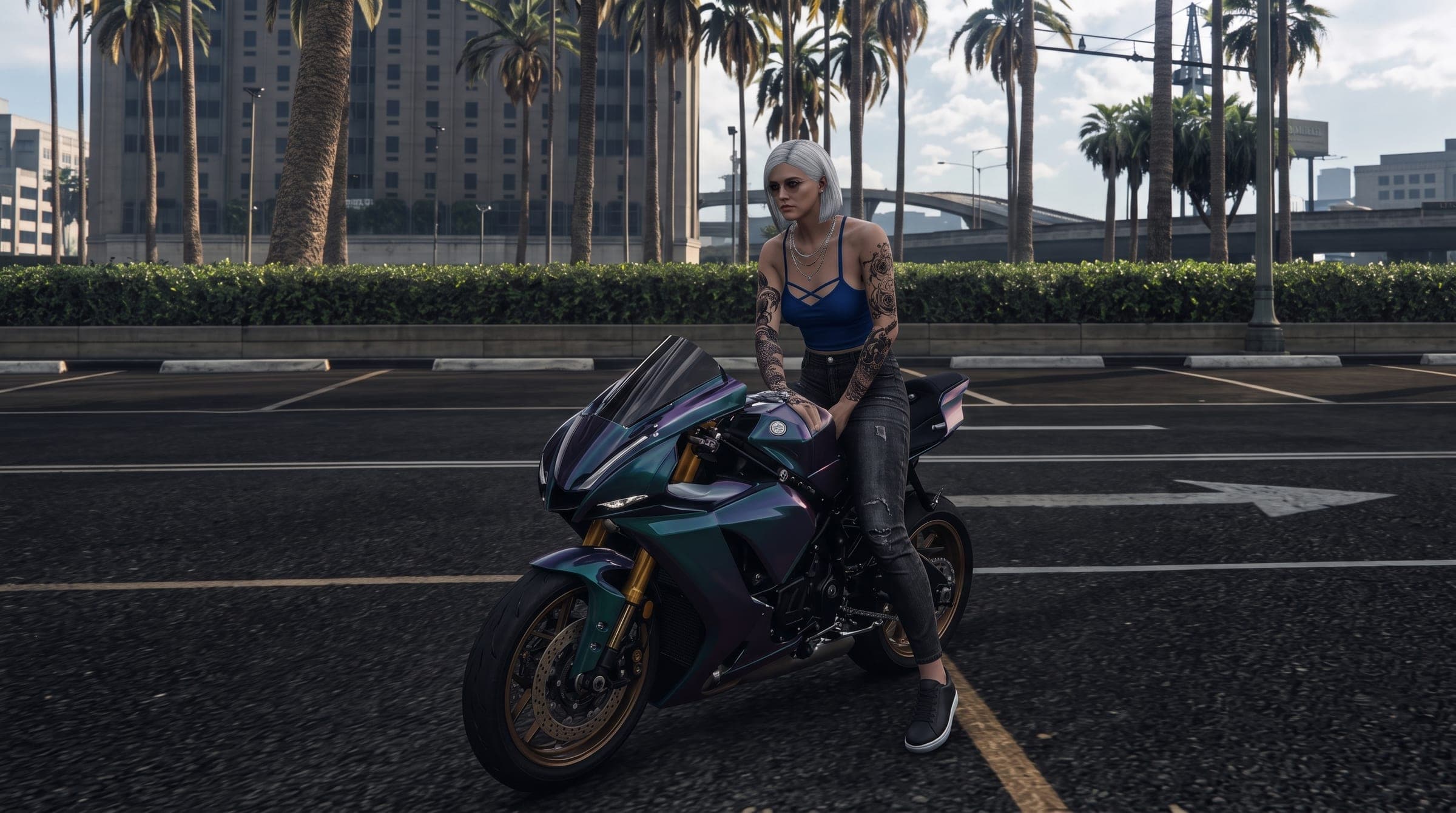 A woman with silver hair on a purple sports bike in an empty car park, GTA V roleplay concept art