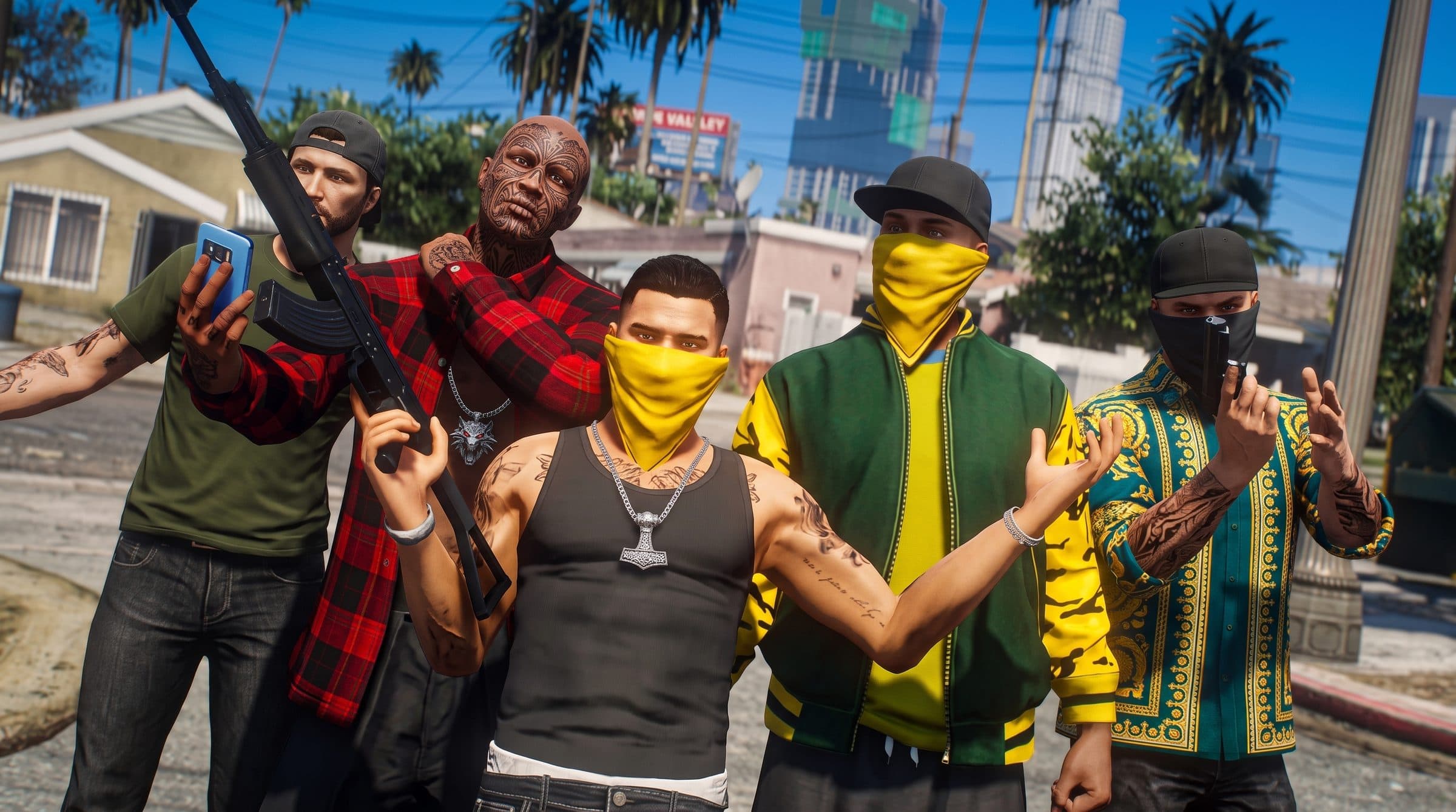 A street crew in yellow and green posing on a suburban street, GTA V roleplay concept art