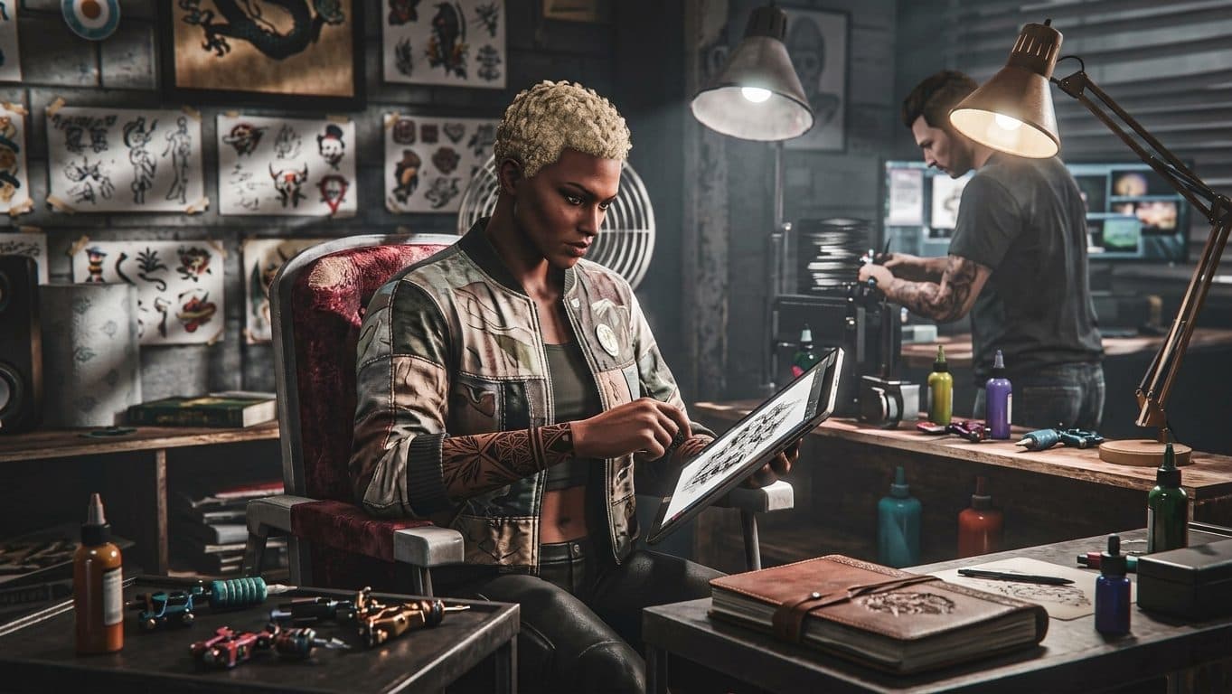 A tattoo artist sketching on a tablet in a lamp-lit studio, GTA V roleplay concept art