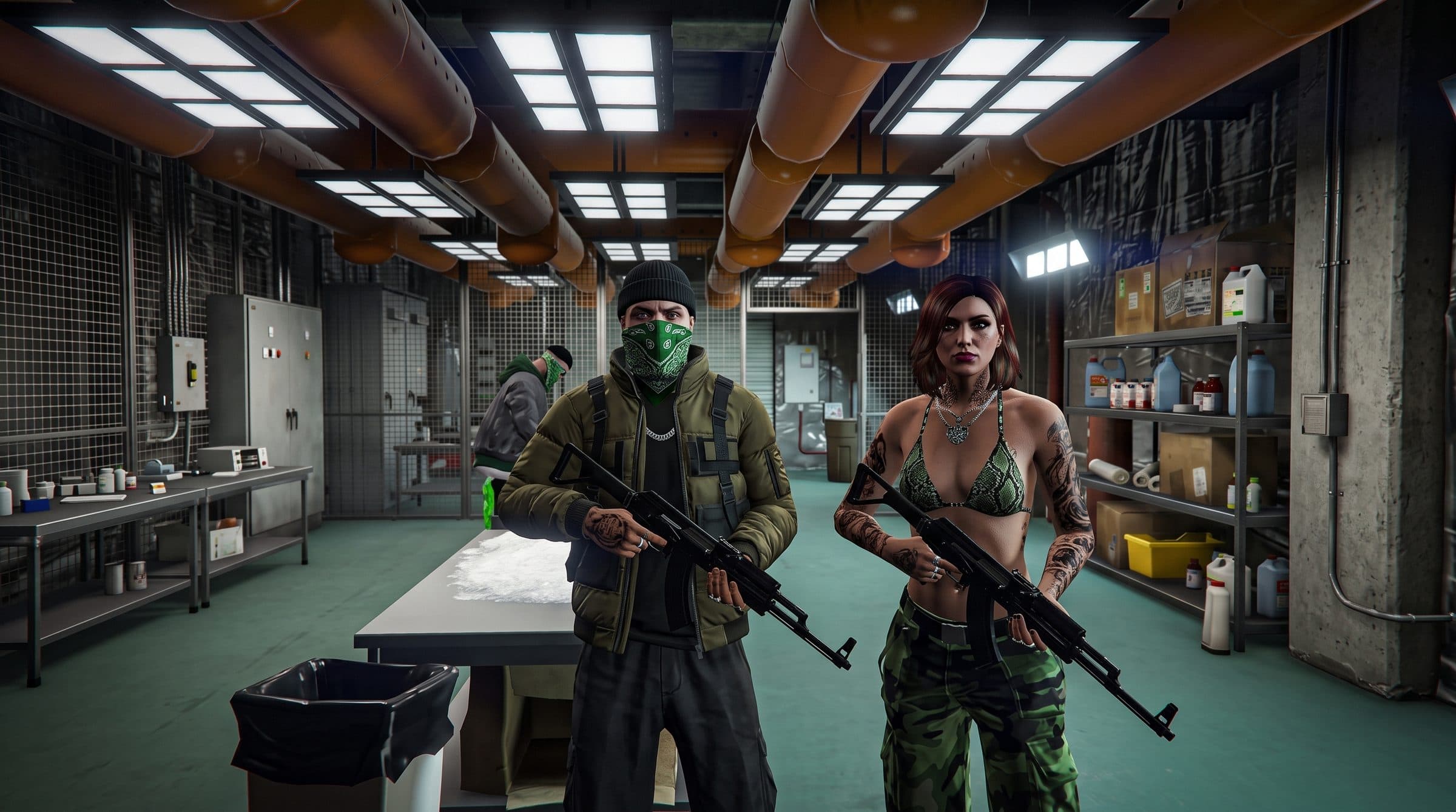 Two armed crew members in bandanas inside an underground lab, GTA V roleplay concept art