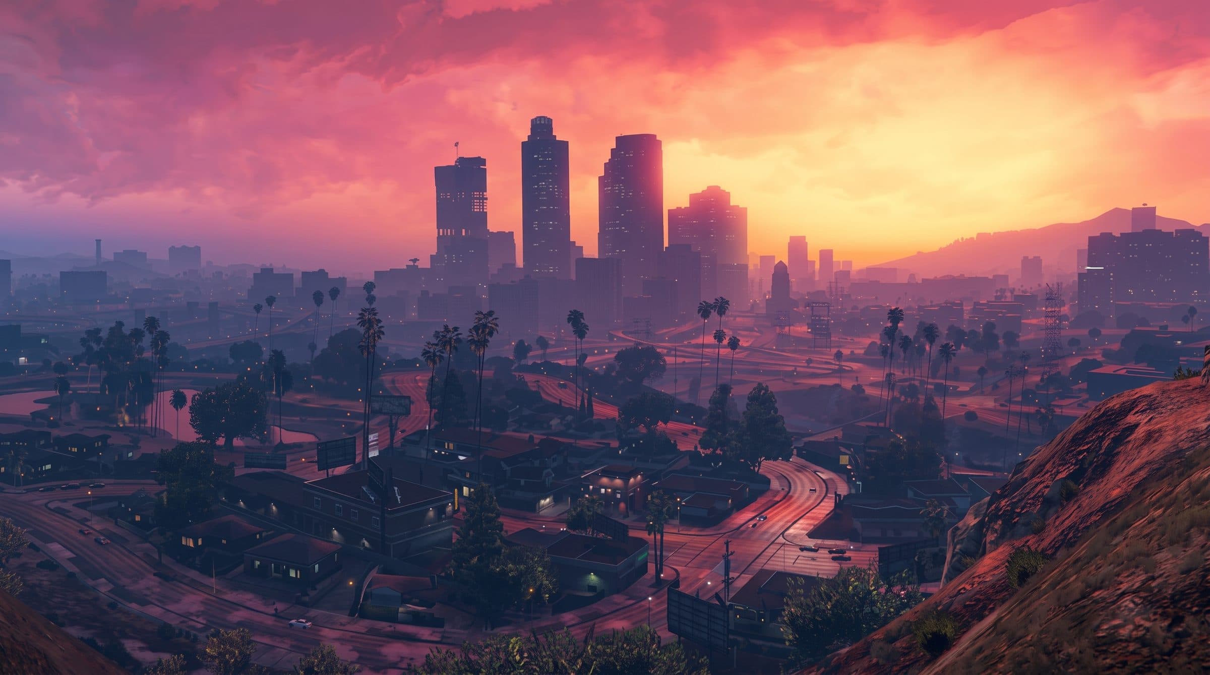 The Los Santos skyline under a pink sunset, seen from the hills, GTA V roleplay concept art