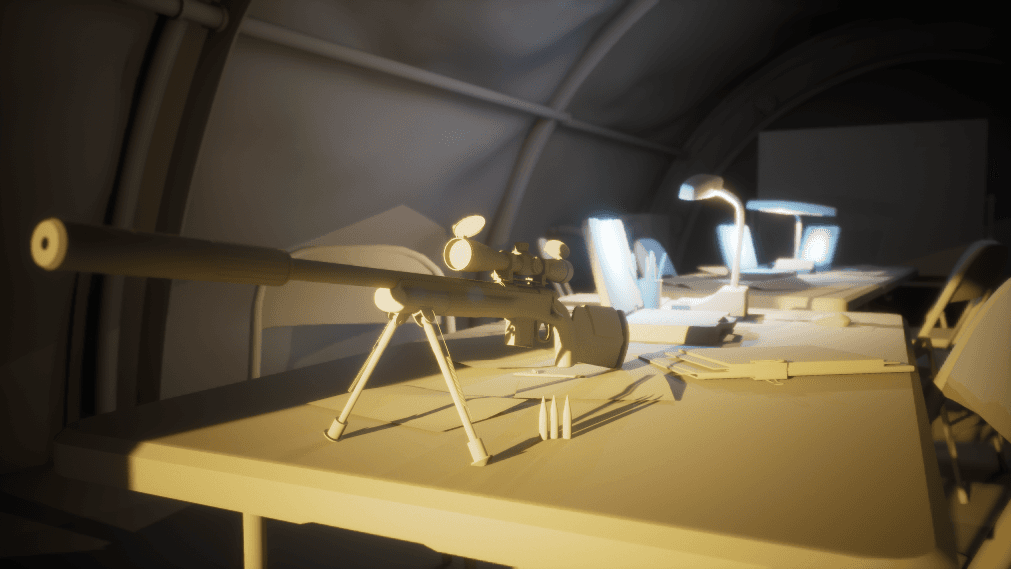 The same rifle and table rendered without materials, showing only the light falloff and shadow shapes.